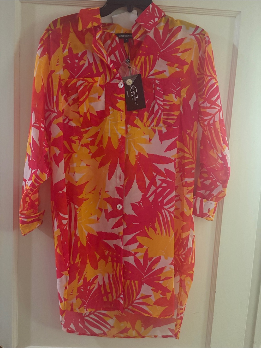 Colorful Leaf-Print Tunic Shirt - Pink & Yellow
